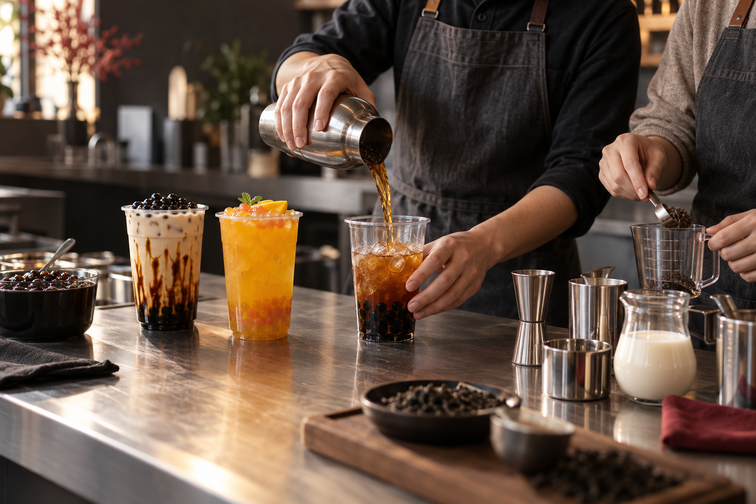 Illustrative bubble tea training scene with two people measuring ingredients and pouring tea into a cup of tapioca pearls.