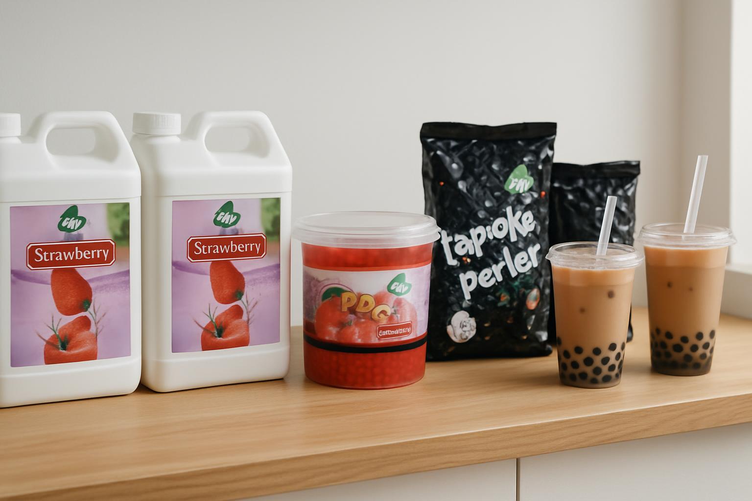 Boba4T ingredient range spread on a cafe counter: syrup bottles, popping boba tub, tapioca pearl bags and finished bubble tea drinks