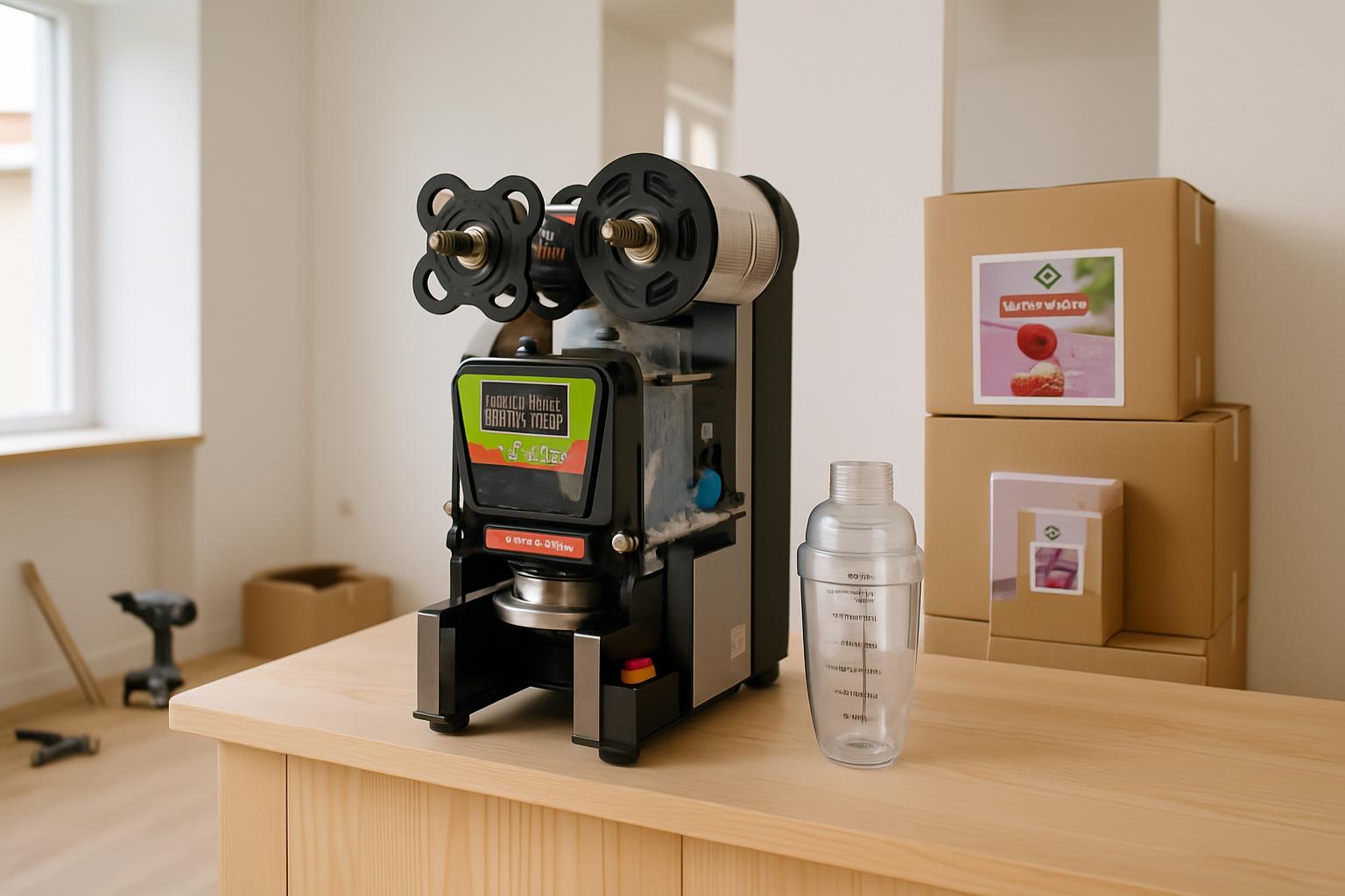 Bubble tea cup sealing machine and PC shaker on the counter of a small Scandinavian cafe being fitted out, with cases of KotteLab ingredients stacked nearby