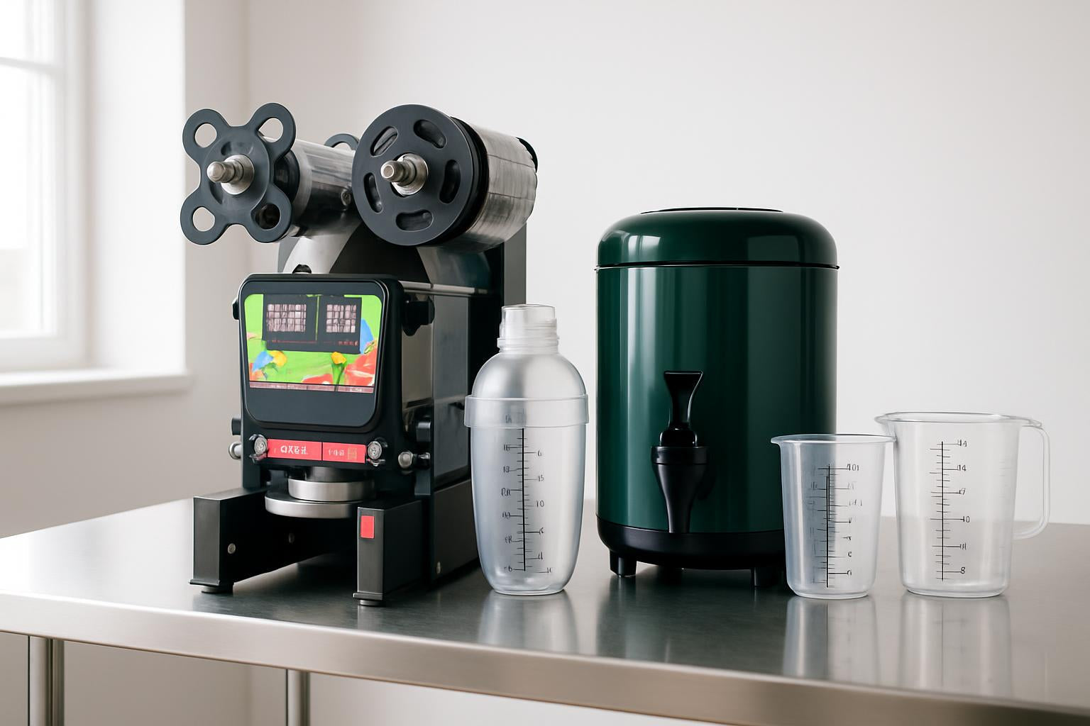 Full bubble tea shop equipment lineup on a stainless counter: sealing machine, PC shaker 530cc, 8L thermos bucket and measuring cups