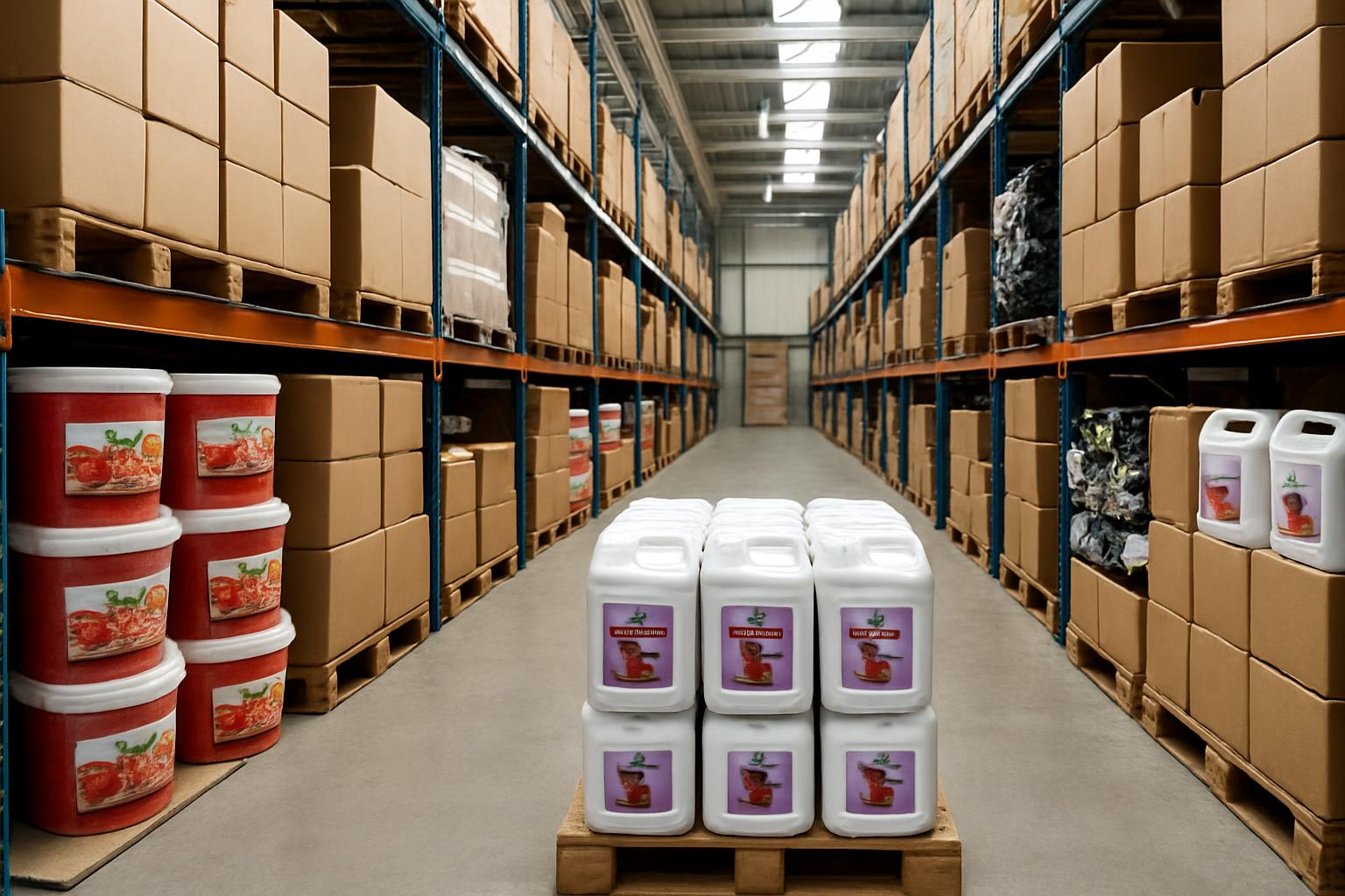 Wholesale bubble tea warehouse aisle with shelves of cartons, popping boba tubs, tapioca pearl bags and syrup cases, pallet in the foreground