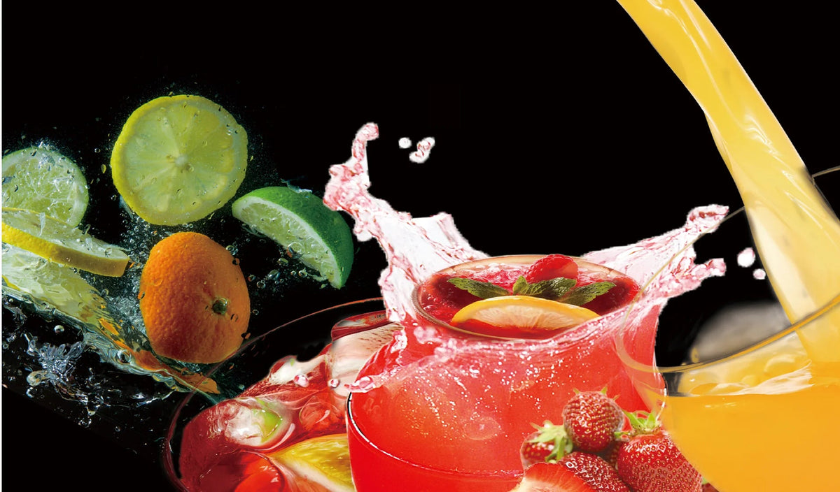 Possmei fruit syrup drinks with strawberries, citrus and splashing juice.