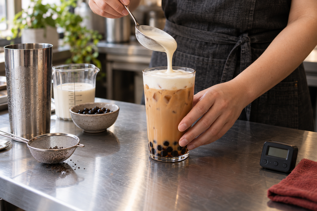 Illustrative close-up of a trainee adding milk foam to bubble tea with tapioca pearls at a preparation counter.